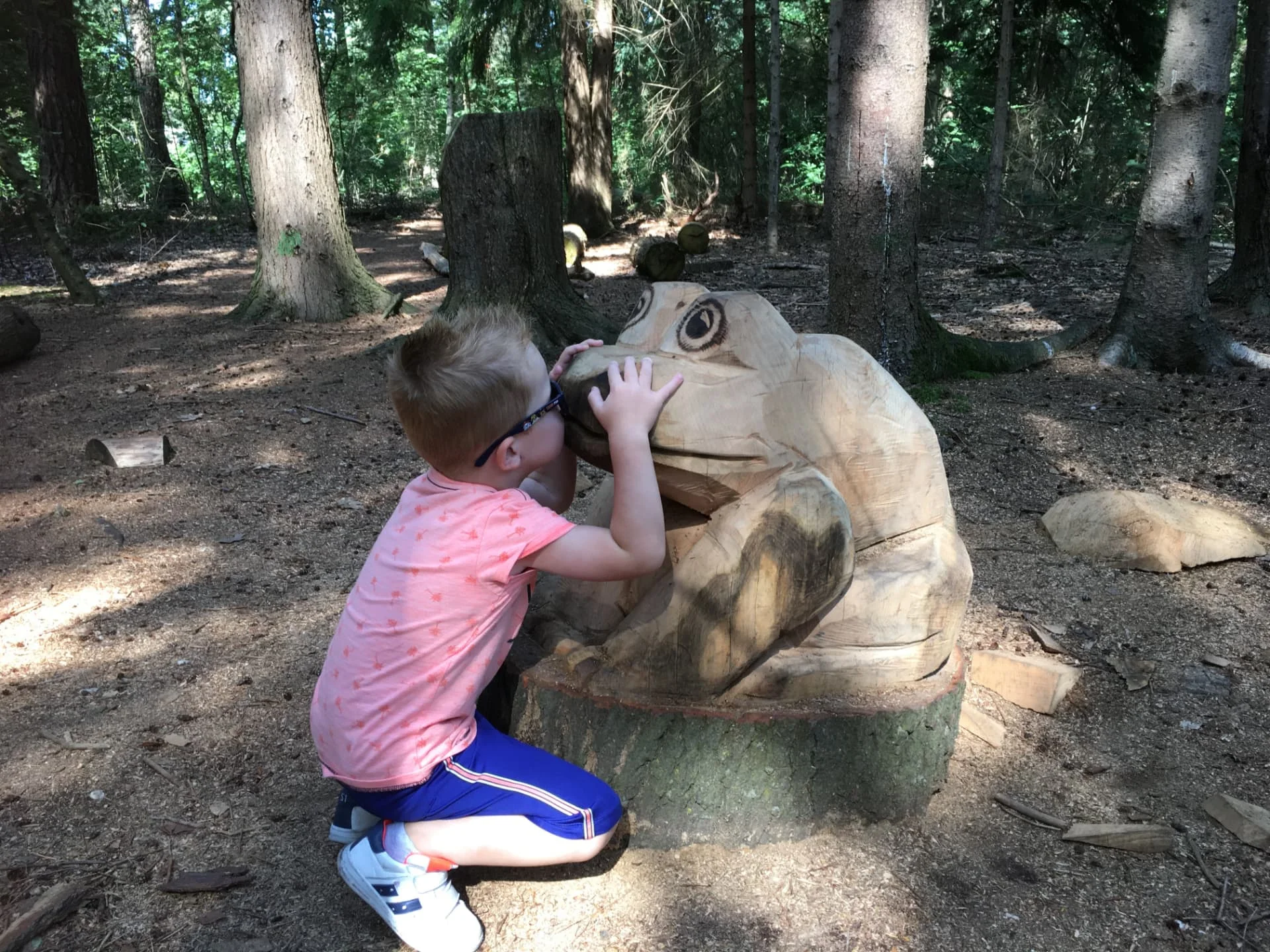 Een jongen geeft de houten kikker een kus